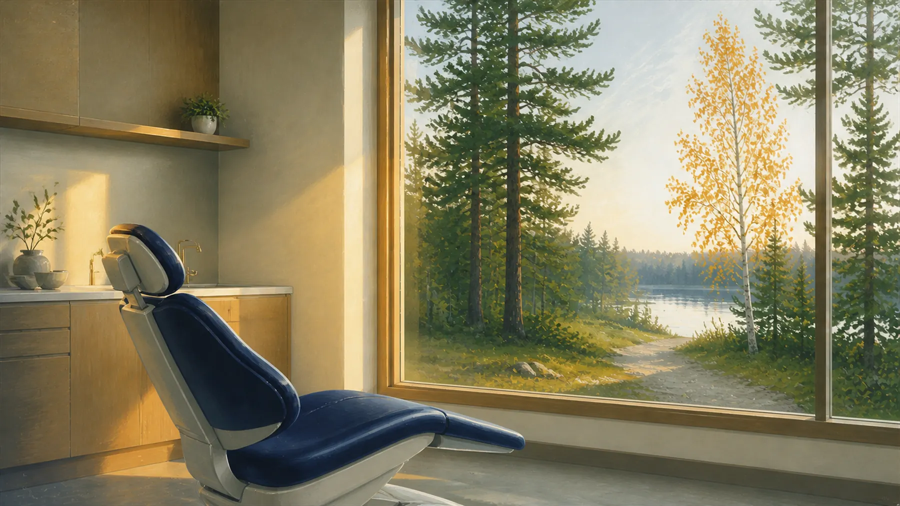 A dental chair facing a broad window onto pines, trail, and water
