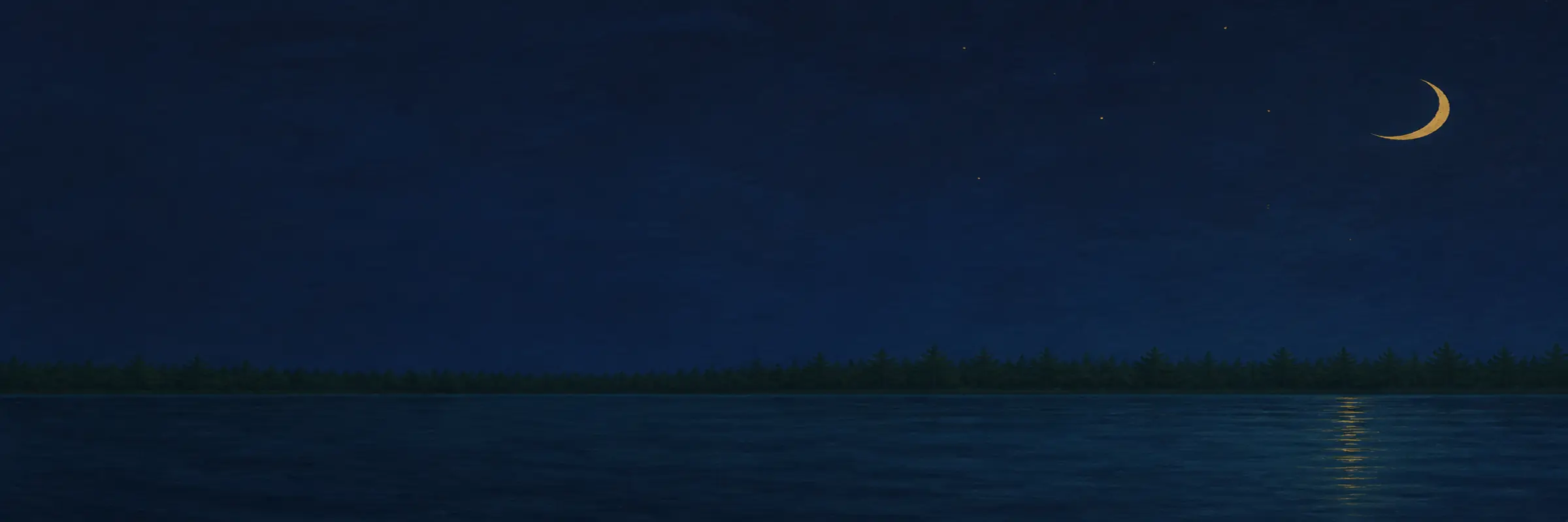 A crescent moon over dark water and a pine shore