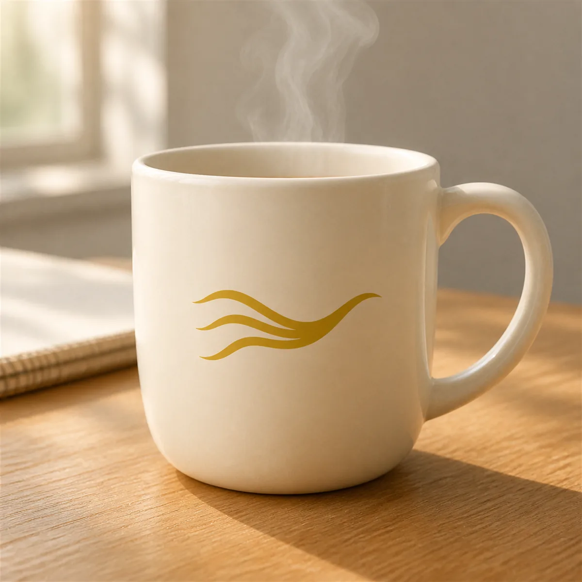 Cream mug with the brass confluence mark