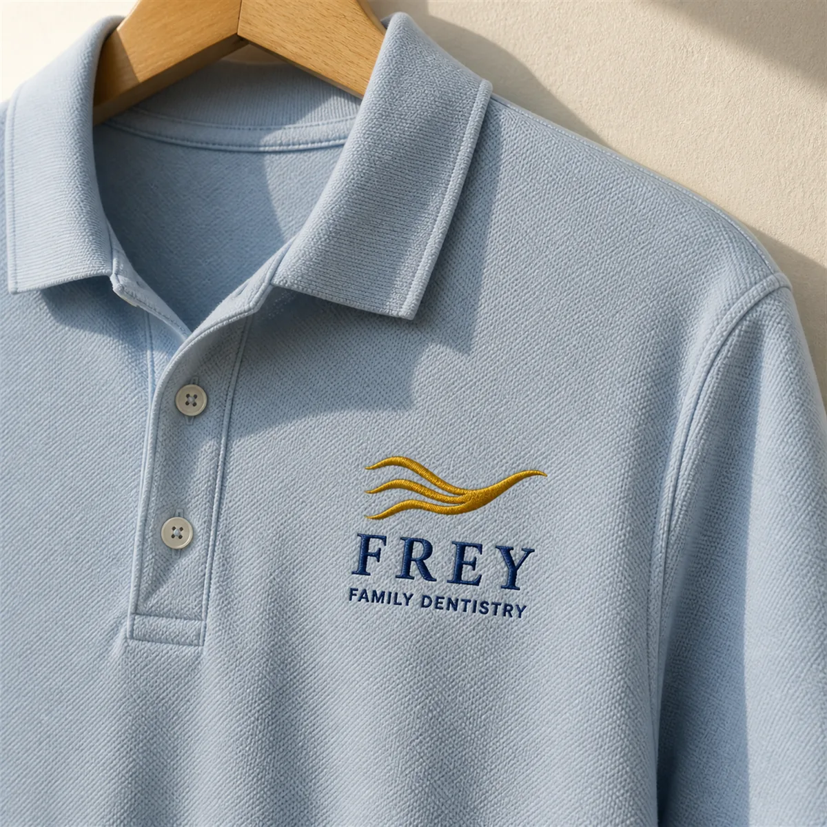 Light-blue polo embroidered with the Frey Family Dentistry lockup