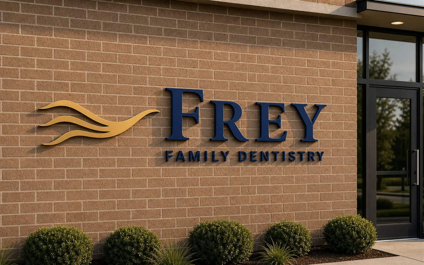 Dimensional Frey Family Dentistry signage on brown brick