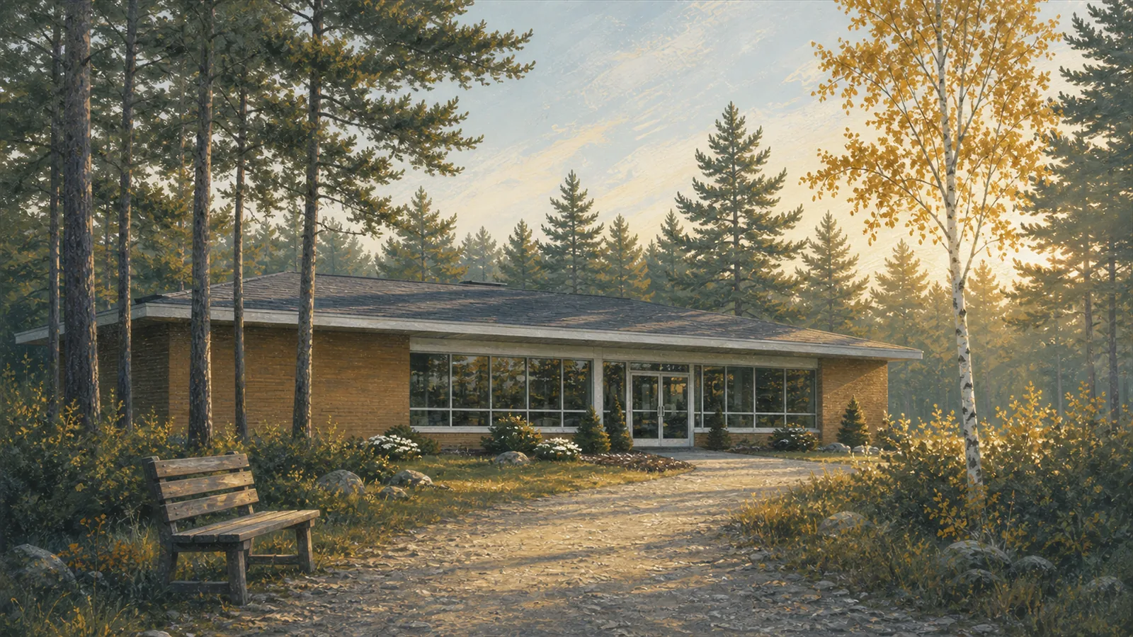 A dreamlike painting of the Frey office beside a wooded trail