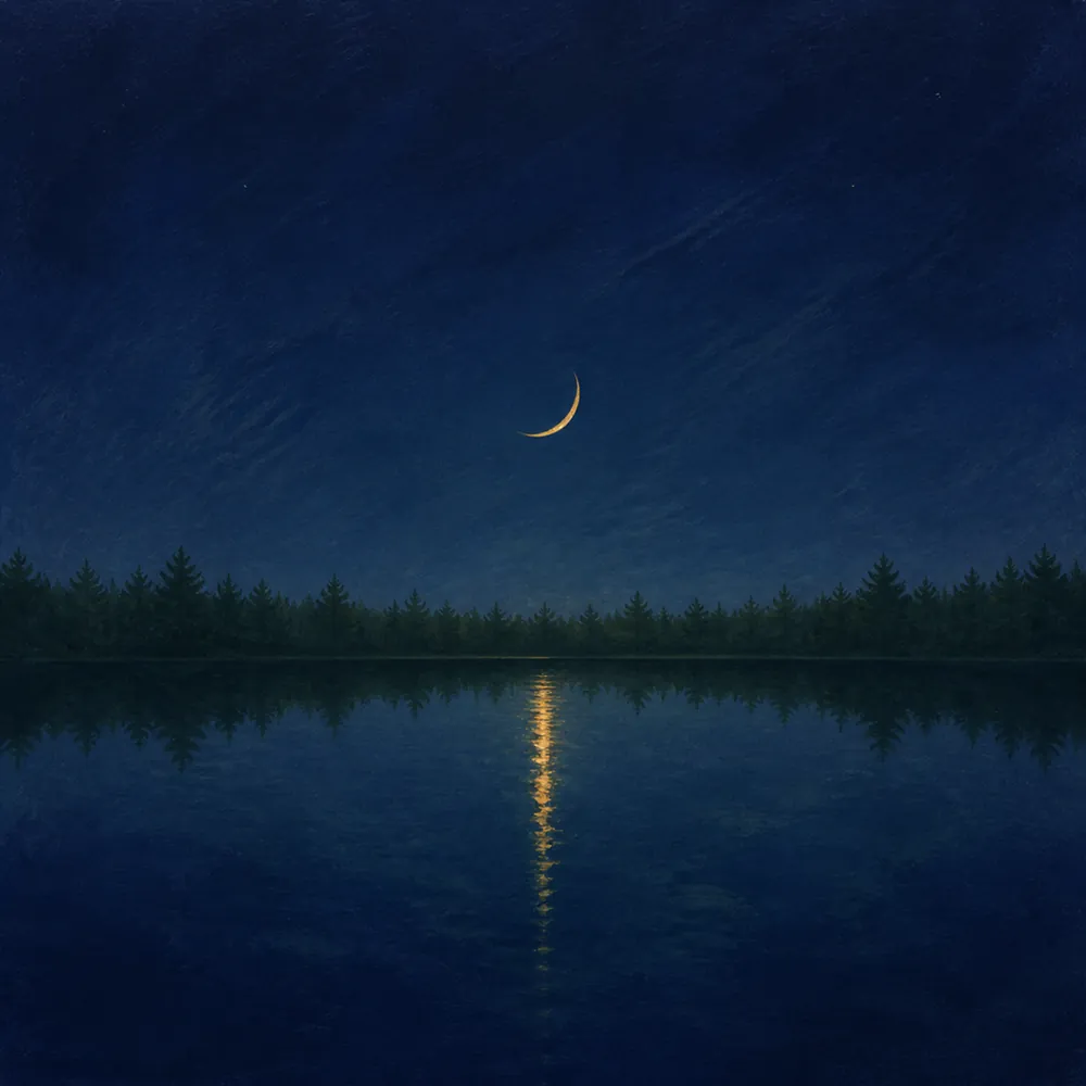 A crescent moon reflected on still water beneath a pine shoreline