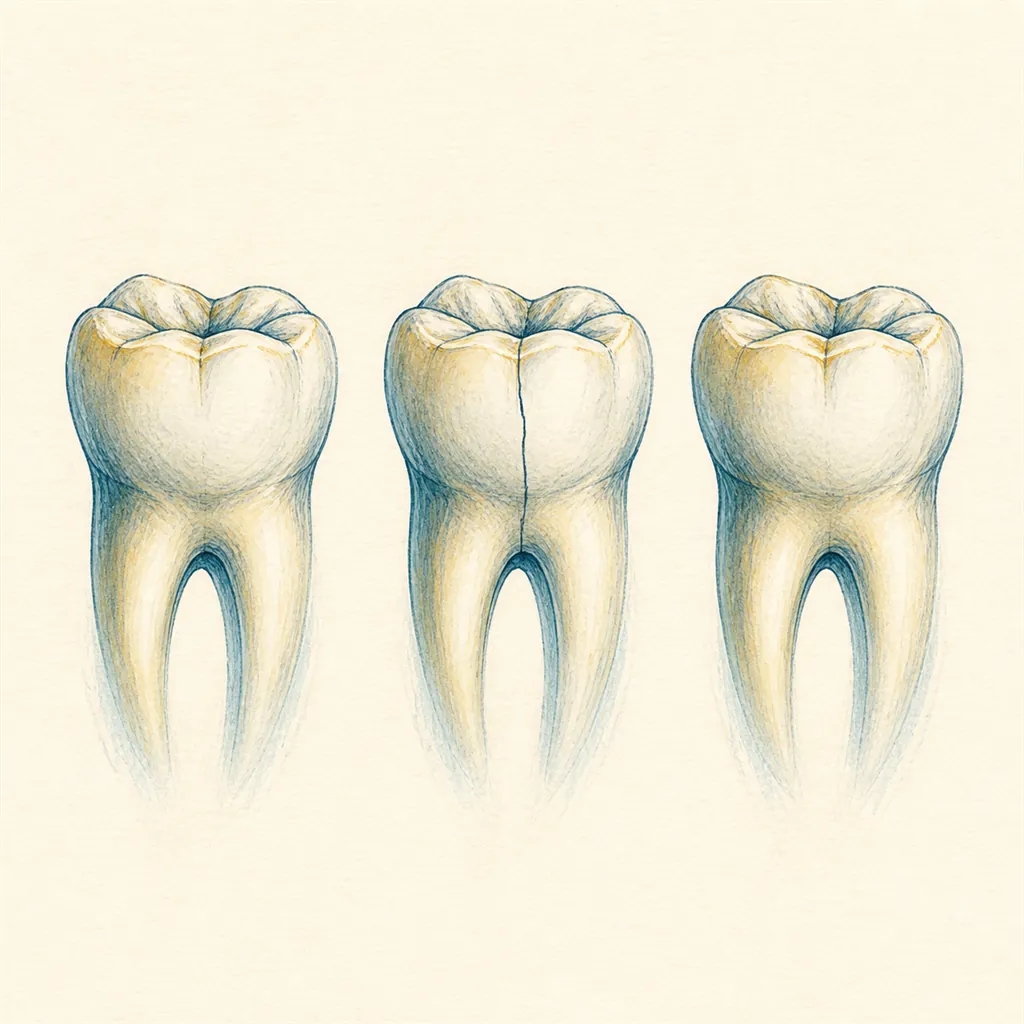 Three illustrated molars, with a fine crack running down the center tooth
