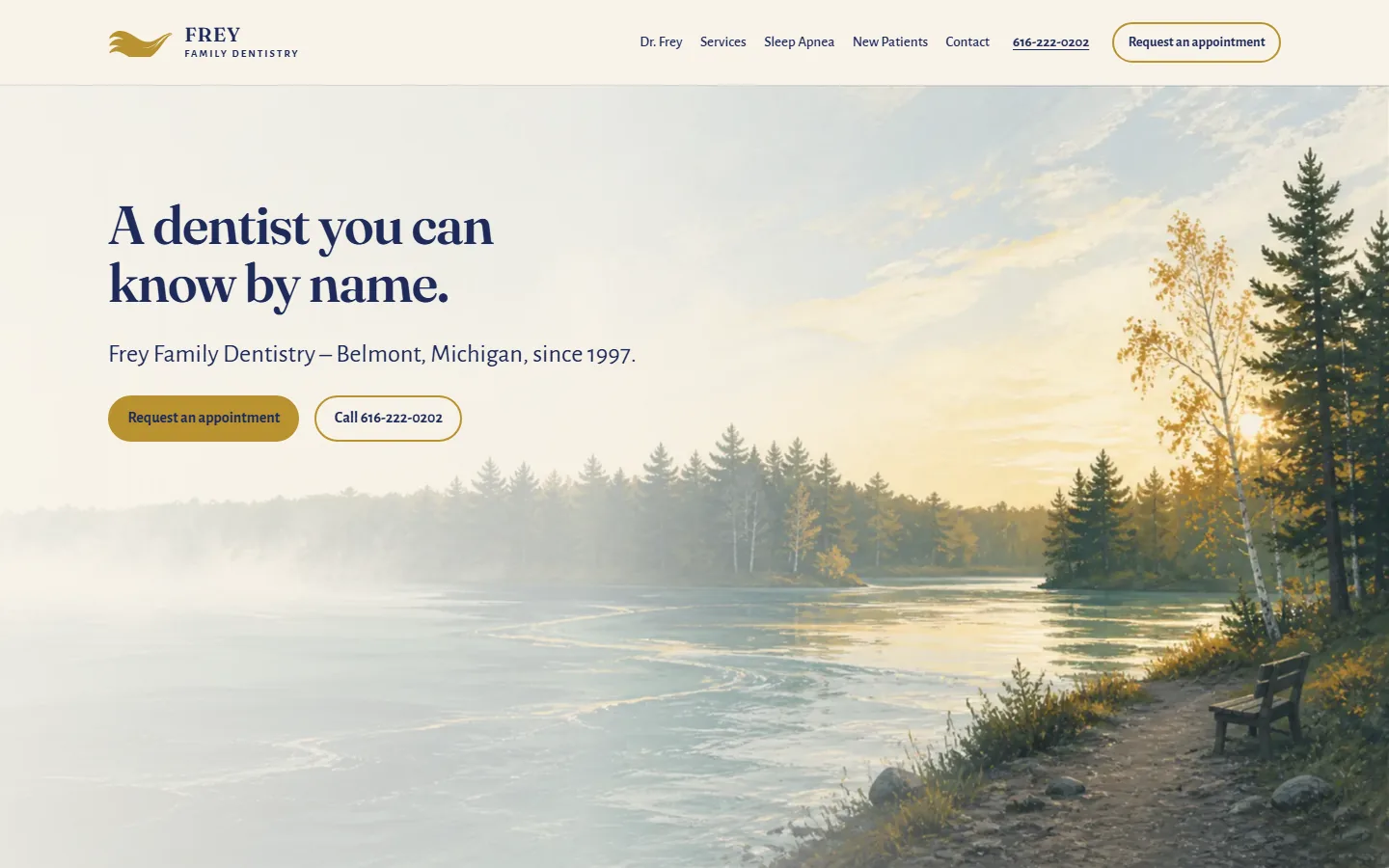 The Frey Family Dentistry prototype homepage at desktop width