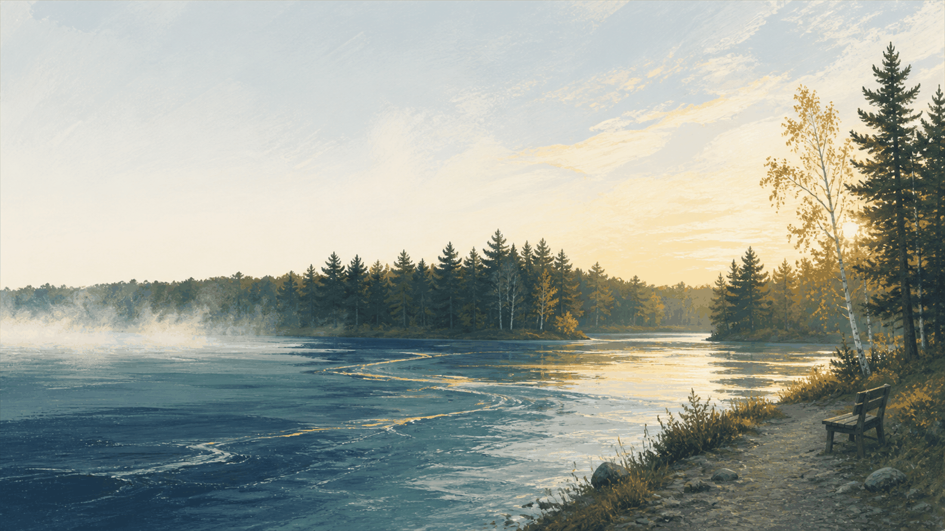Painted morning view of the Rogue and Grand river confluence beside the White Pine Trail