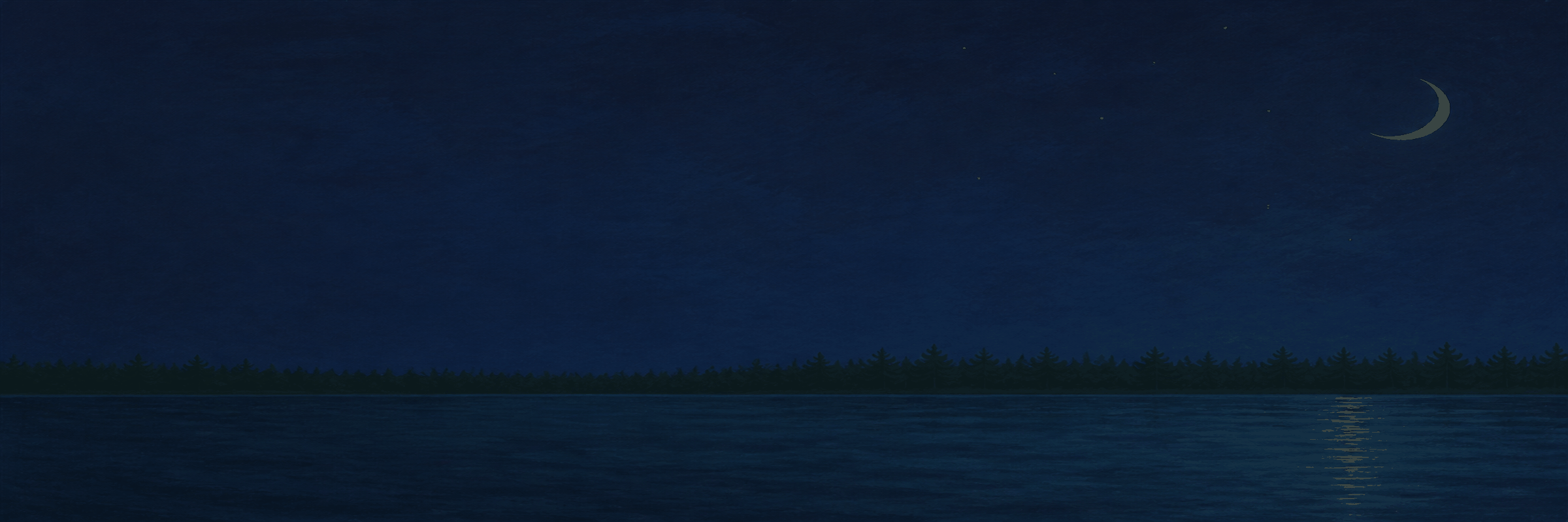 Painted crescent moon over a quiet river at night