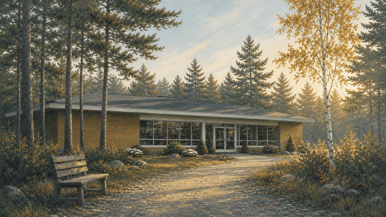 Painted brick dental office among pines beside the trail