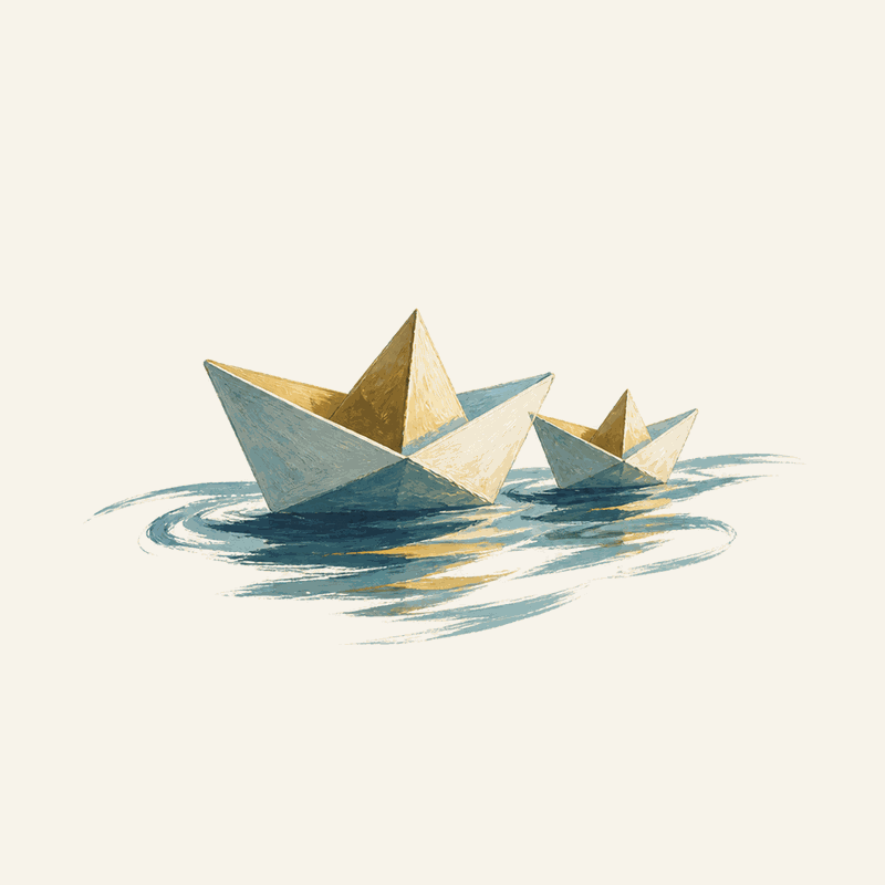 Two painted paper boats on a calm current