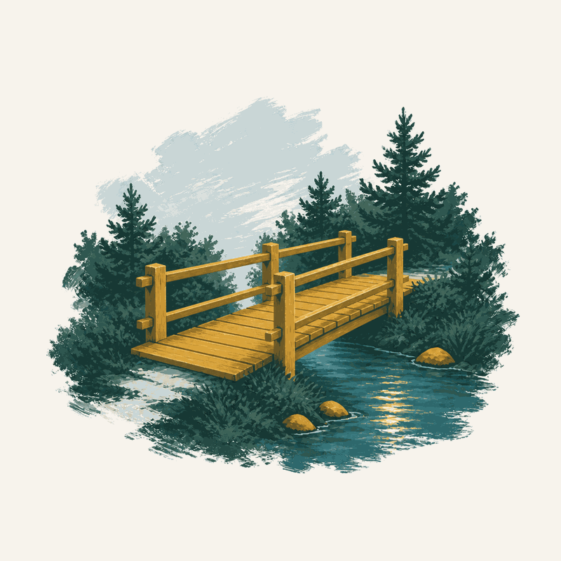 Painted wooden trail bridge over the river