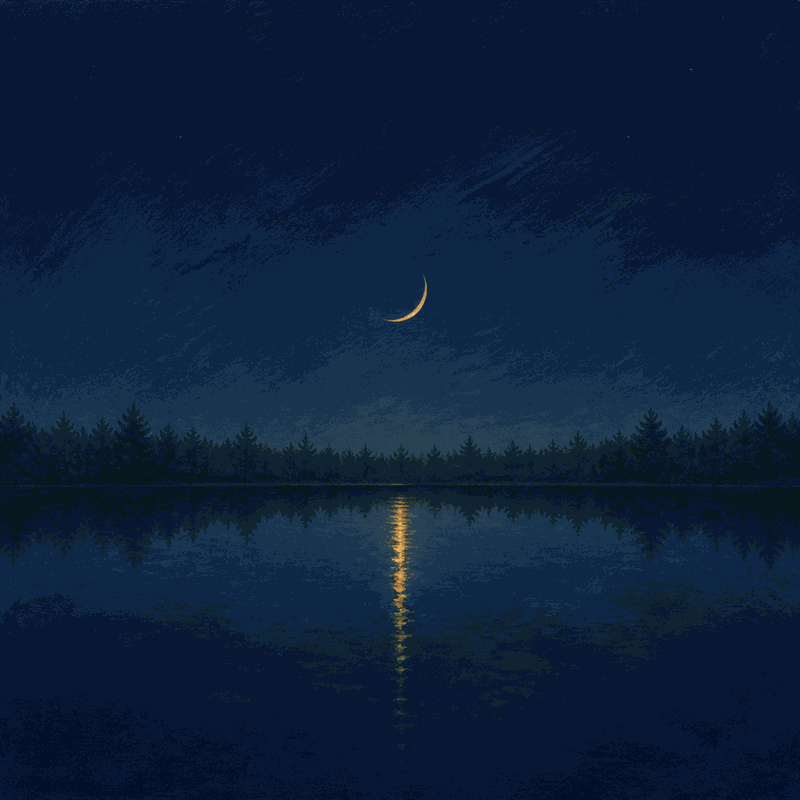 Painted crescent moon over a still river