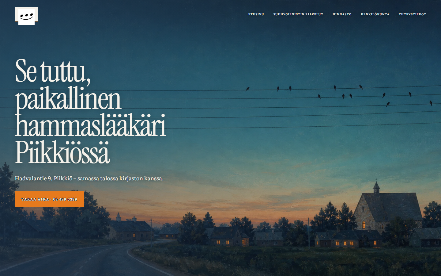 Kuvakaappaus uudesta etusivun avauksesta, pääskyset iltataivaalla ja ajanvarauspainike